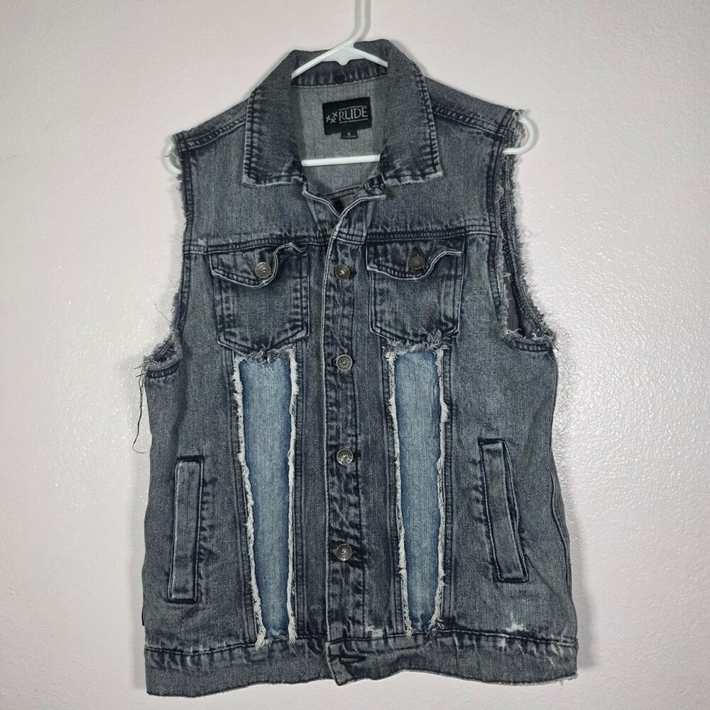 XXX RUDE Distressed Gray Acid Wash Denim Vest Frayed Button Front Men's S